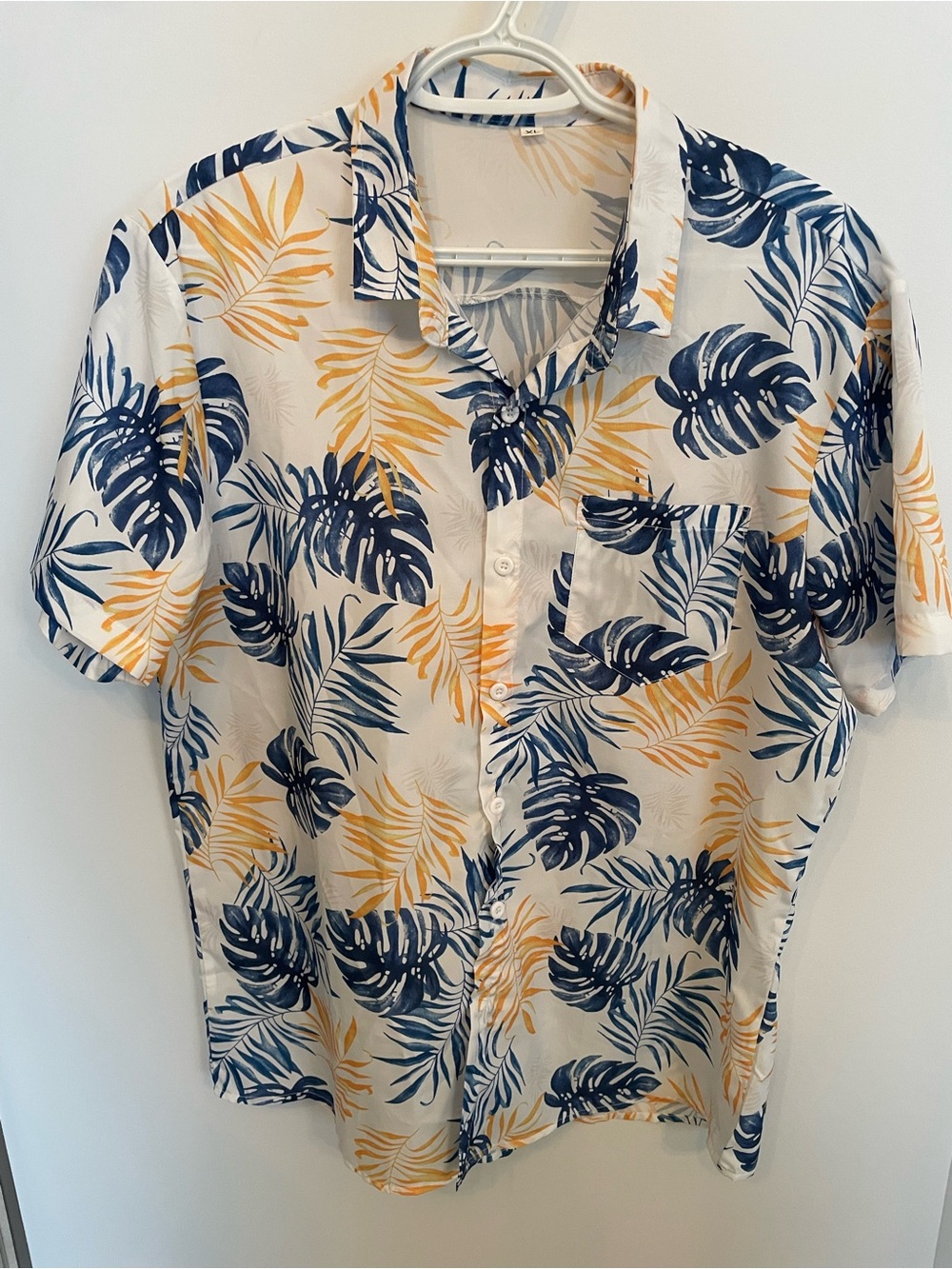 Casual Men's Short-Sleeve Tropical Print Shirt - White blue & yellow - Size XL